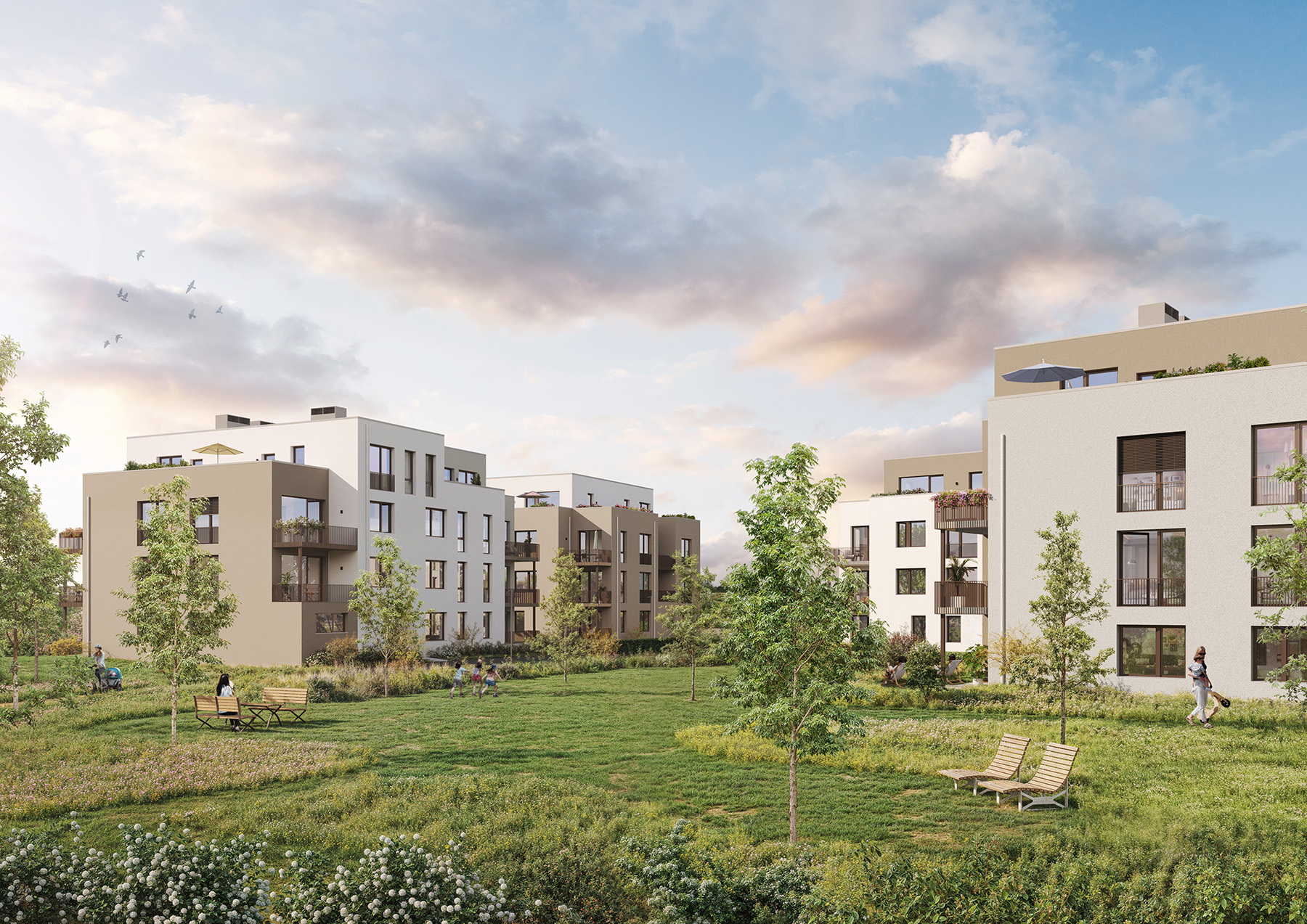 Zu sehen sind Häuser aus dem Vertriebsabschnitt BUWOG Floragärten des Quartiers Nuwenhöfe.